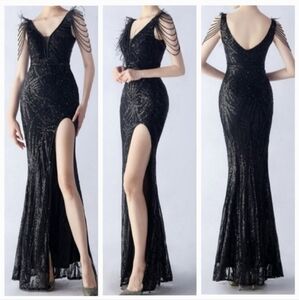 Black, Geo Print, Ostrich Feather V Neck, Beaded Sleeves, Sequined Mermaid Gown